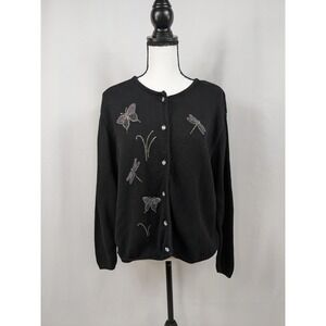Y2K Vtg Whimsigoth Fairy Rhinestone Button Cardigan Sweater Butterfly Black A079